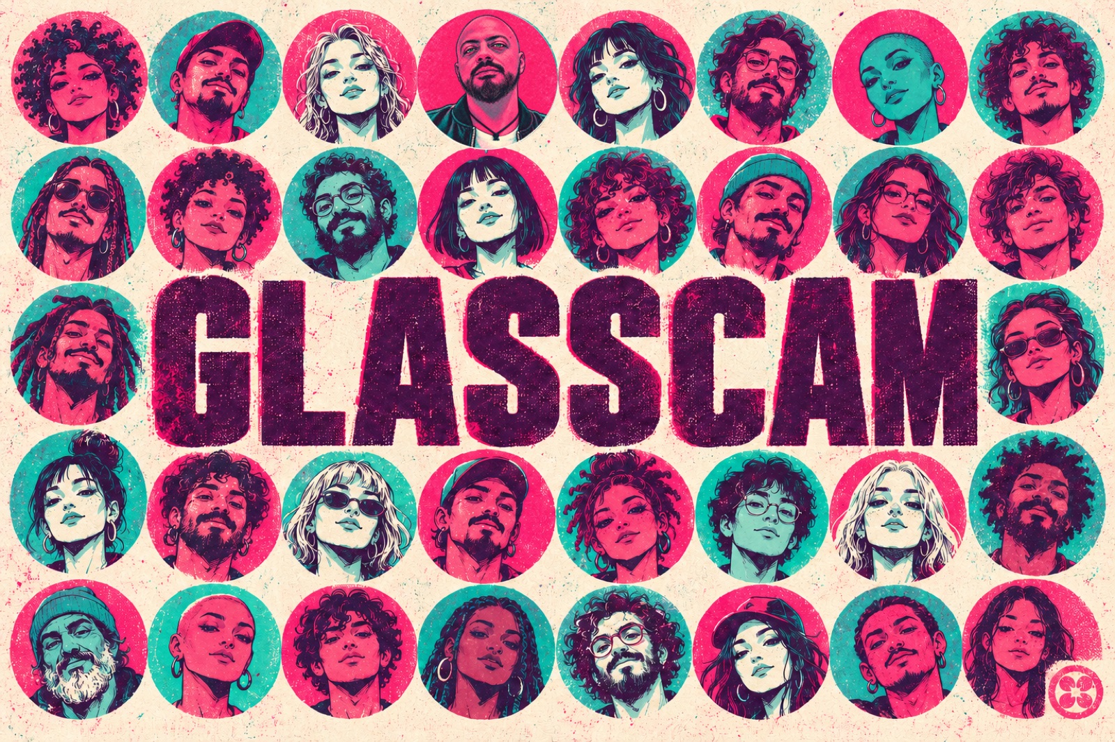 GLASSCAM in heavy letters across a wall of round portraits printed in raspberry and teal
